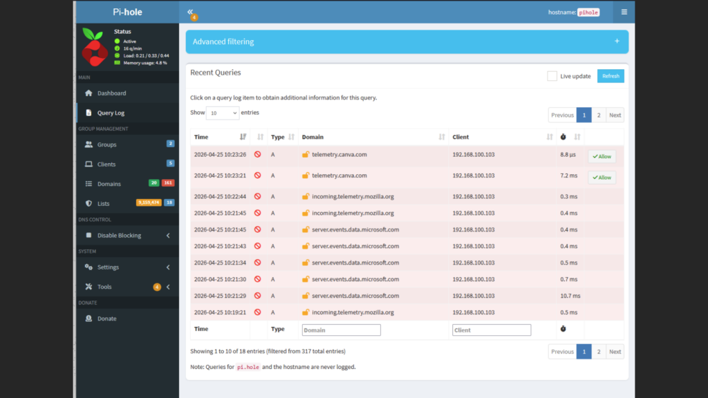 Pi-hole Dashboard Heimnetz Recent Queries